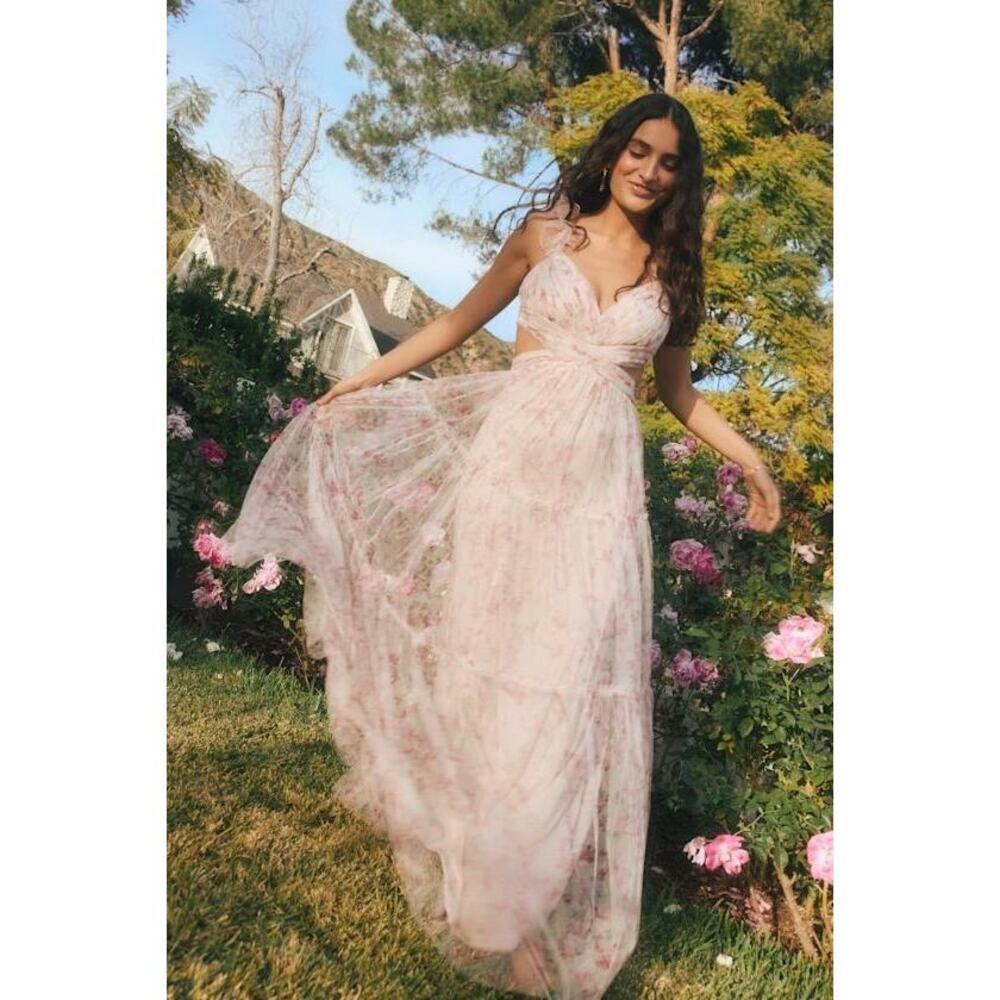 Lulus Ethereal Love Blush Floral Pleated Tiered Tie-back Maxi Dress Pink